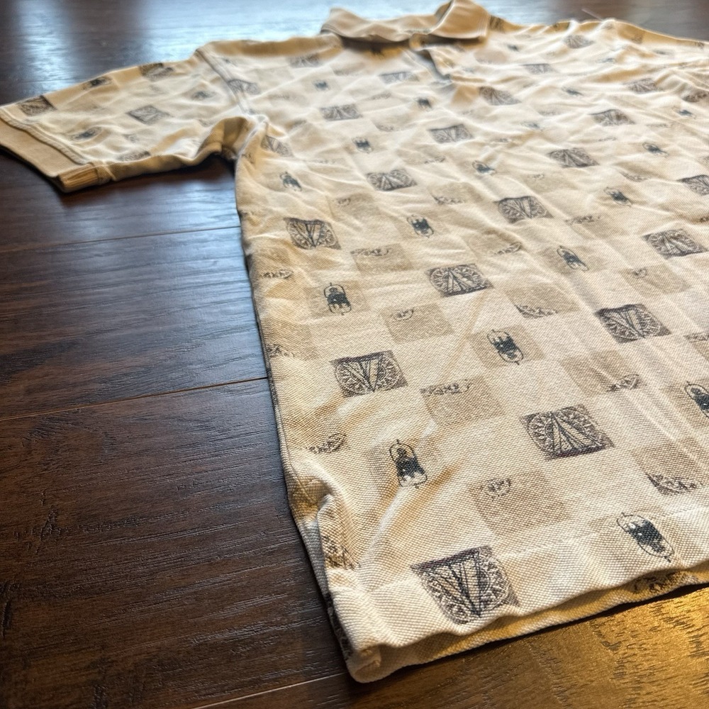 Vintage St. John's Bay All Over Print Polo Shirt Men M Beige Tribal USA Made 90s - Picture 2 of 7